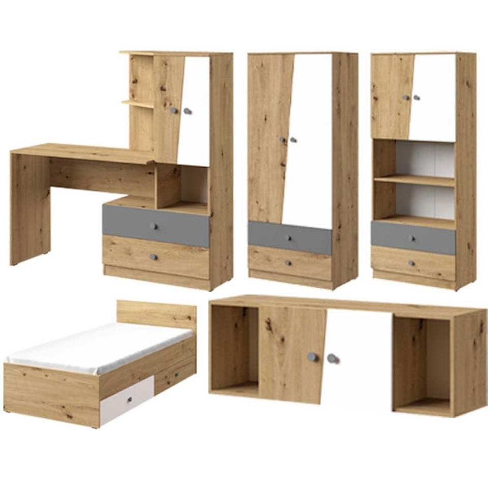 JUGENDZIMMER-SET Nero 6-teilig Artisan Eiche / Weiß-Grau-Matt 431 / 226 / 220cm - Eichefarben/Braun, Holz/Holzwerkstoff (431/220/226cm) - Feldmann-Wohnen