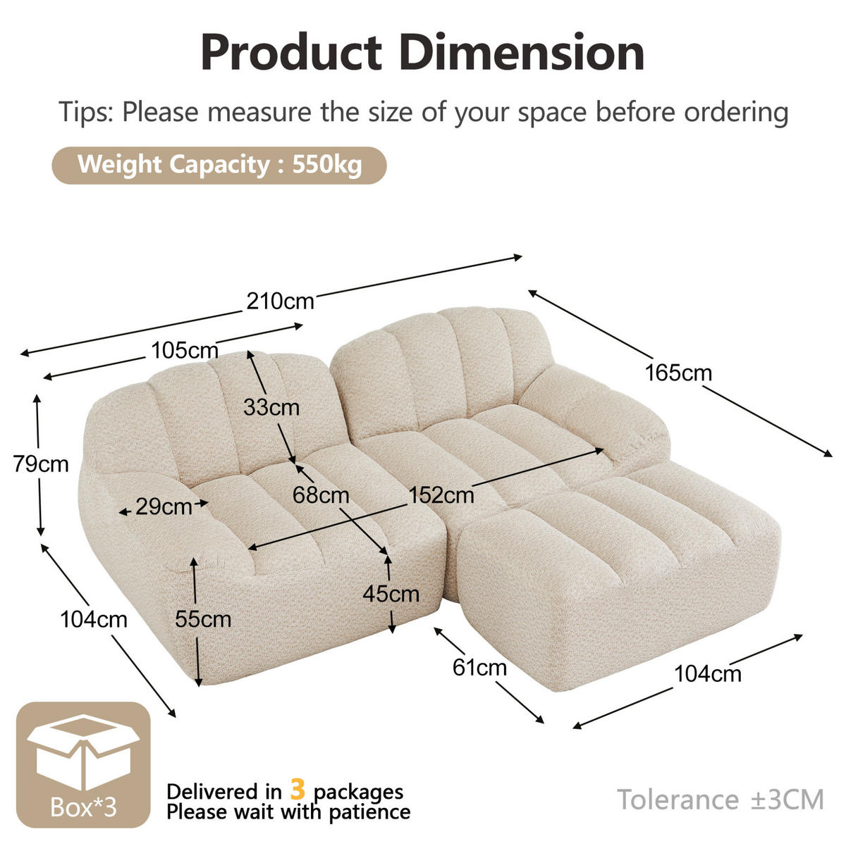WOHNLANDSCHAFT aus granuliertem Fleece Beige-Weiß mit Ottoman, L-Form und 2-Sitzer-Funktion - Beige, Textil (210/79/165cm) - Modfu