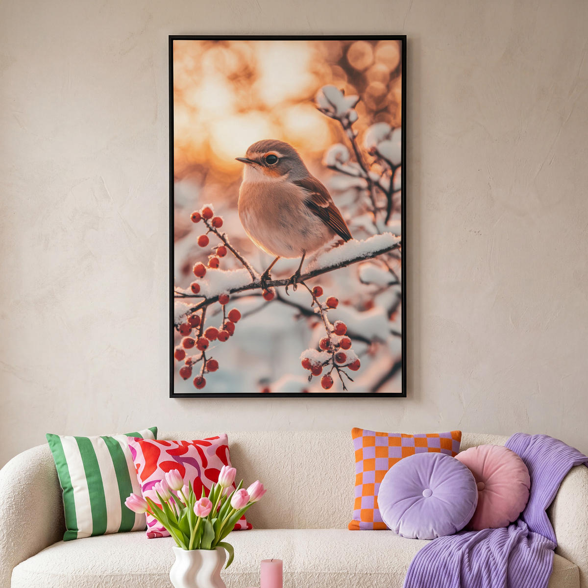 LEINWAND Bilder mit Rahmen - Vogel - Zweig - Winter - Tiere - Schnee - 100x150 - Bernsteinfarben, Textil (100/150cm) - MuchoWow