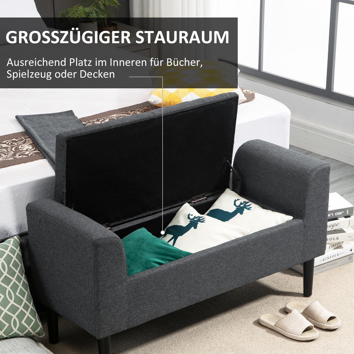 SITZBANK Polsterbank mit Stauraum belastbar bis 130 kg Leinen-Touch Dunkelgrau - Dunkelgrau, Kunststoff (44/58/116cm) - HOMCOM