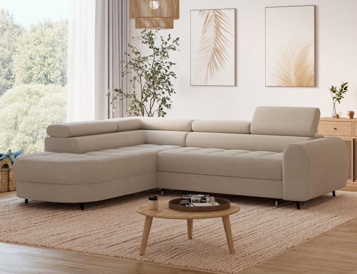 ECKSOFA Vesteria mit Schlaffunktion und Bettkasten – Modernes Design, verstellbare Kopfstützen und hoher Sitzkomfort - Beige, Kunststoff (279/72cm) - Wohnideebilder