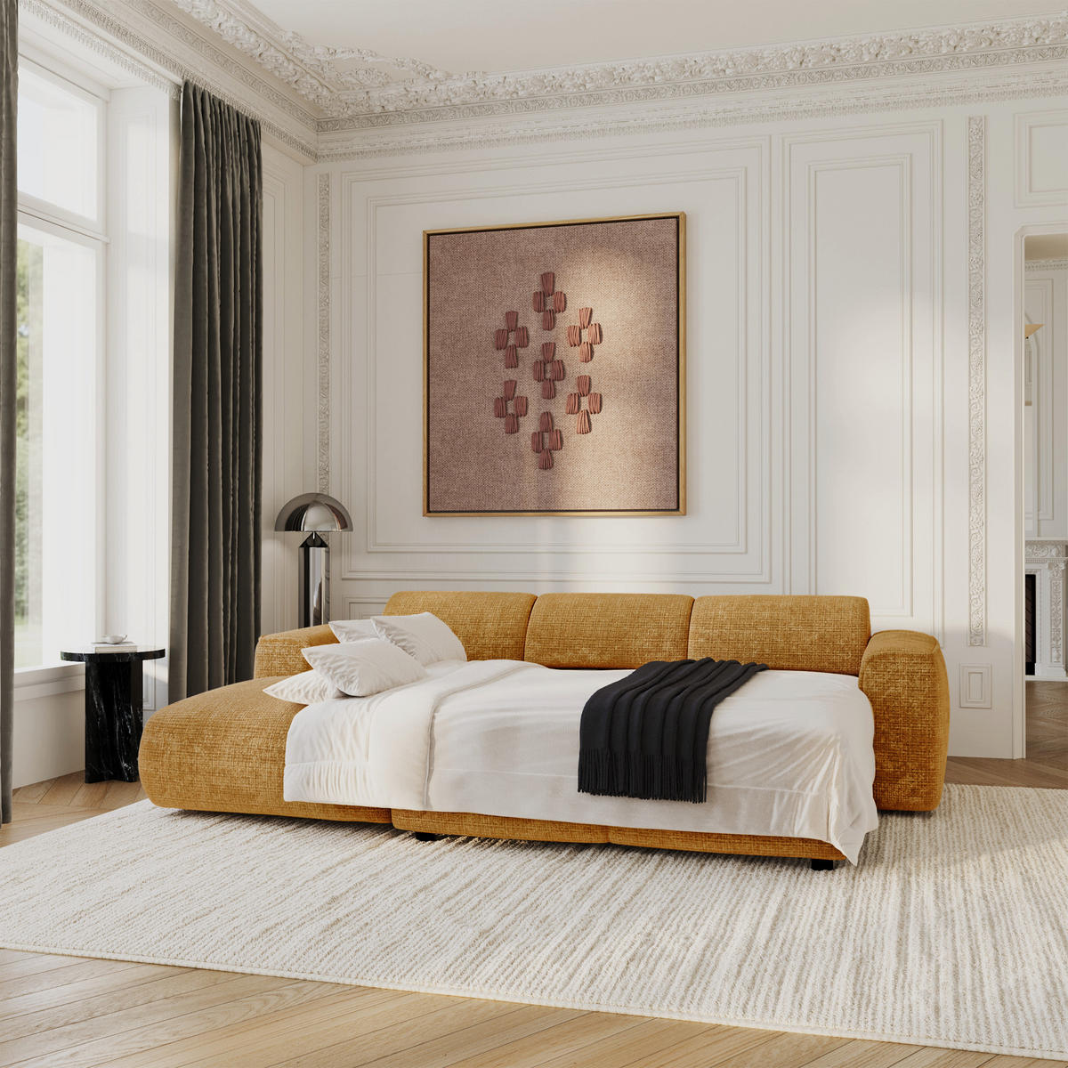 ECKSCHLAFSOFA Geprägter Samt Senf 283cm - Dunkelgelb, Textil (283/180cm) - Sia Home
