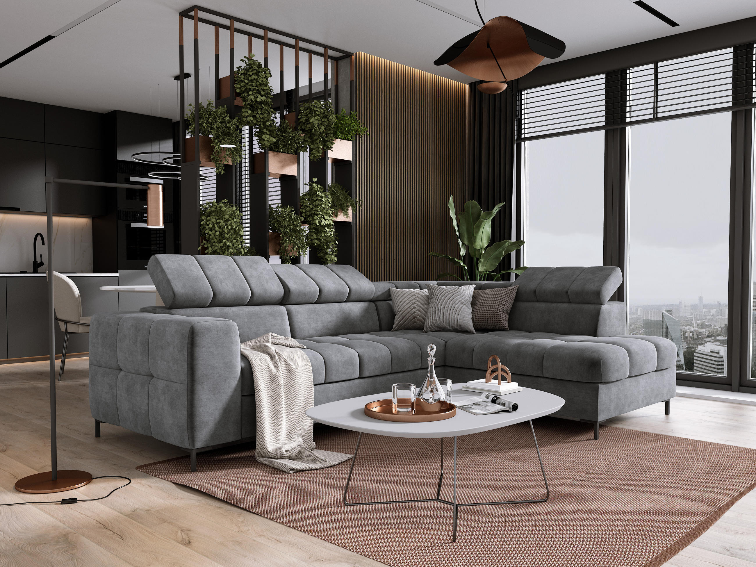 ECKSOFA PABLOS Cloud, L-förmig, Moderne, mit verstellbarem Kopfteil, Schlaf- & Lagermöglichkeiten, freistehend, RECHTS 279x201x97 cm Grey - Grau, Holz/Textil (279/201cm) - DomoHome