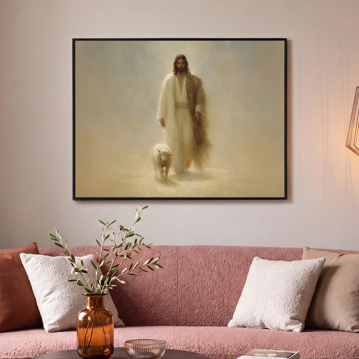 LEINWAND Bilder mit Rahmen - Schaf - Jesus - Pinselstriche - Abstrakt - 100x70 - Beige, Textil (100/70cm) - MuchoWow