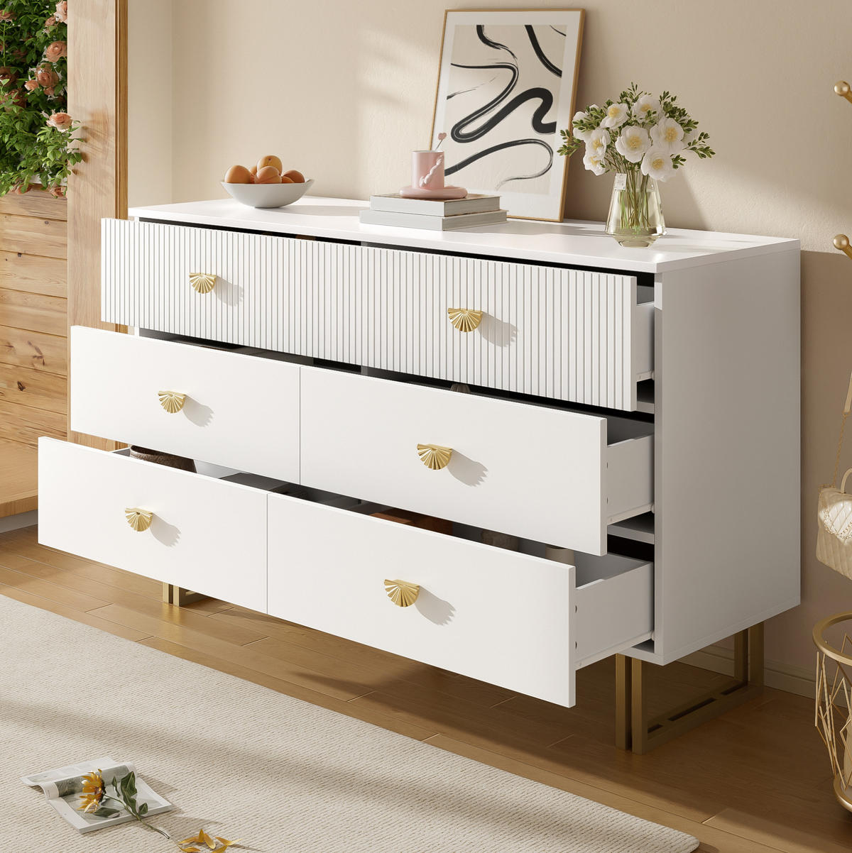 SIDEBOARD 120/40/75 cm mit 6 Schubladen in Weiß und goldfarbenen Griffen - Weiß, Holzwerkstoff (120/75/40cm) - BEAOK