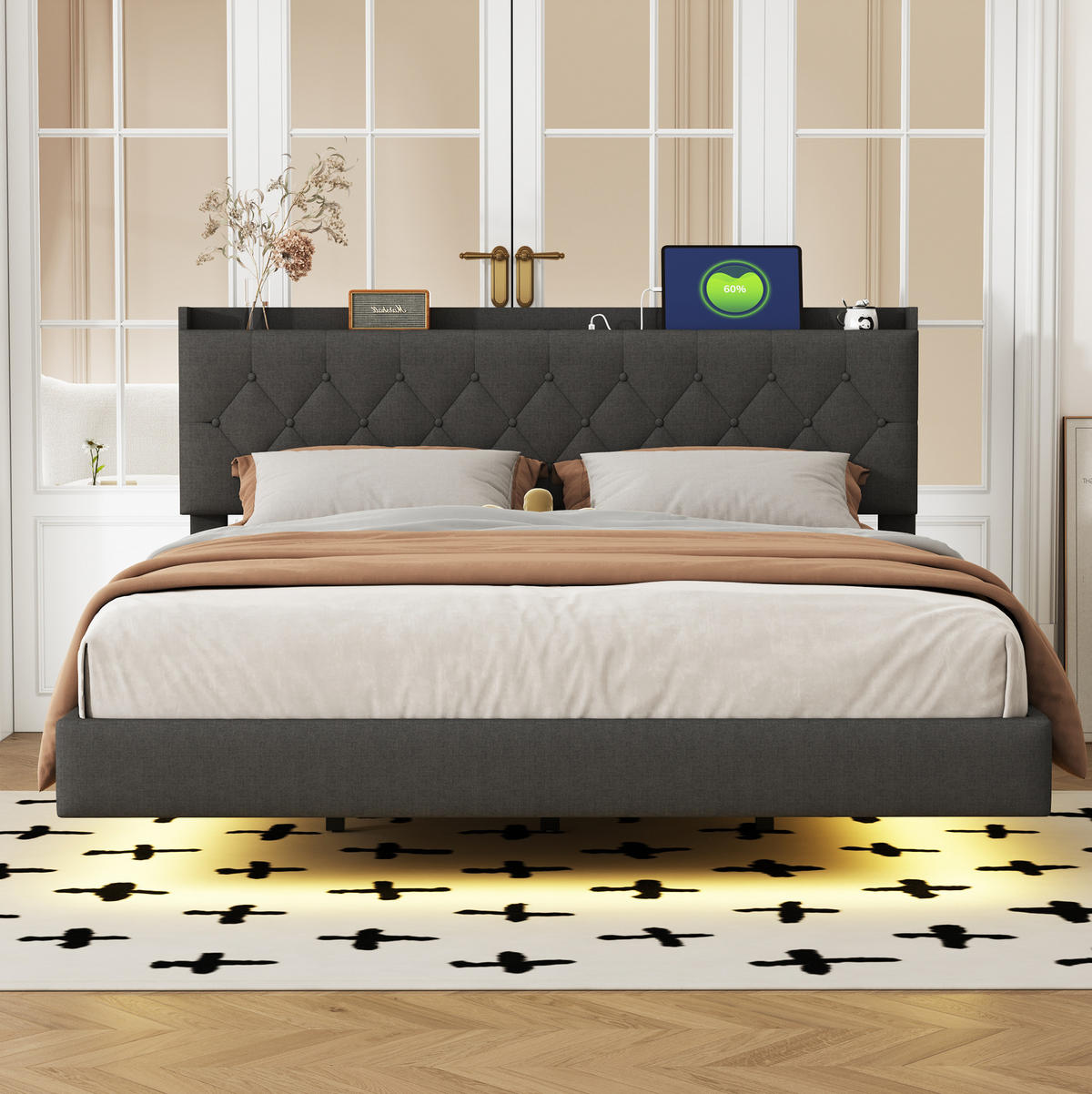 ČALÚNENÁ posteľ z látky a kovu 160x200 cm sivá s LED osvetlením, USB portom a úložným priestorom - sivá, textil (160/200cm) - Modfu