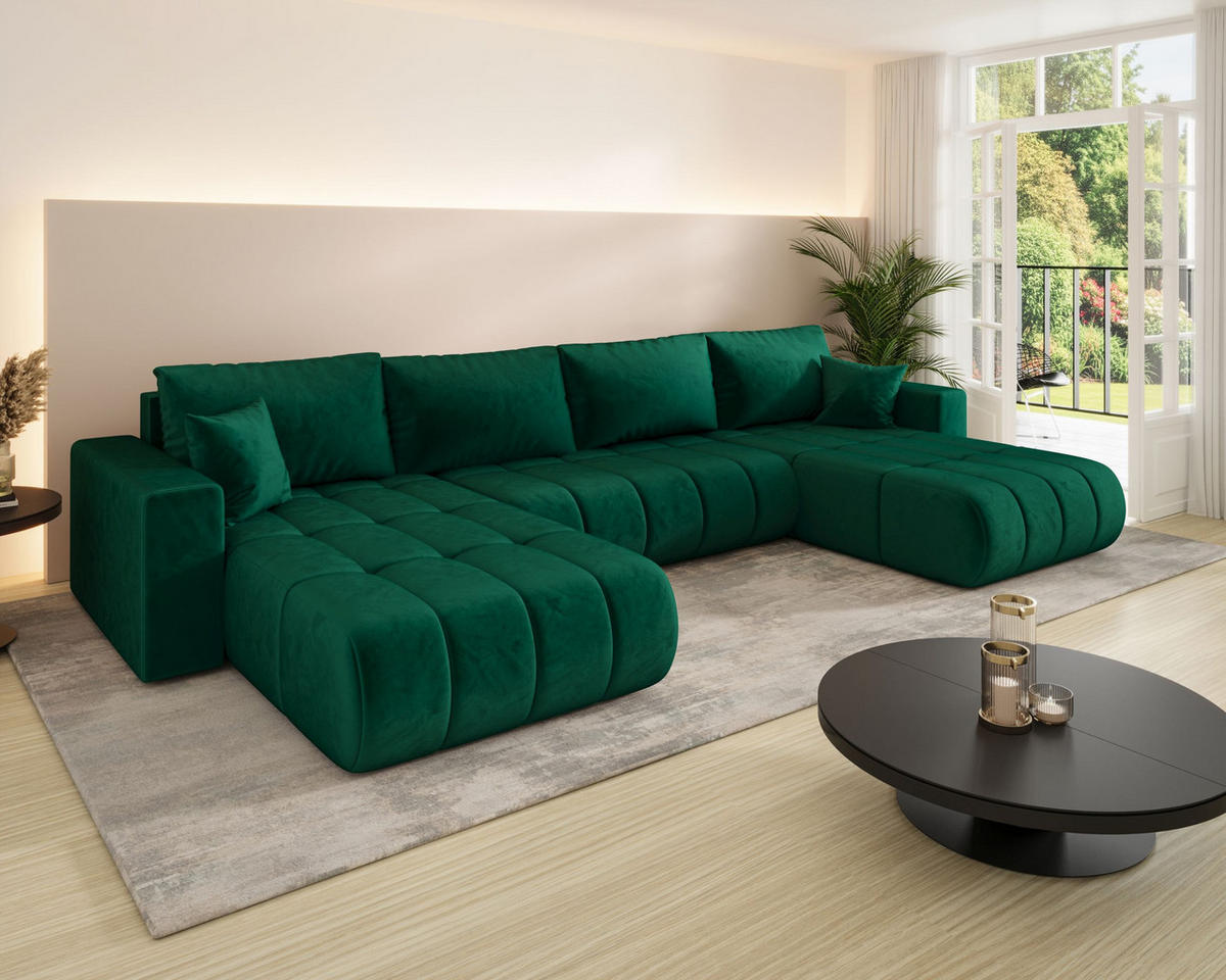 ROHOVÁ pohovka LARA PREMIUM tvar U zelená samet Monolith 37 - funkce spaní, úložný prostor - zelená barva, textil (385/175cm) - Cornero