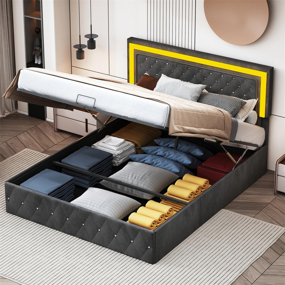 POLSTERBETT 160x200 cm - mit LED-Kopfteil und hydraulischem Bettkasten - Samt - ohne Matratze - Schwarz - Schwarz, Textil (160/200cm) - DELFA