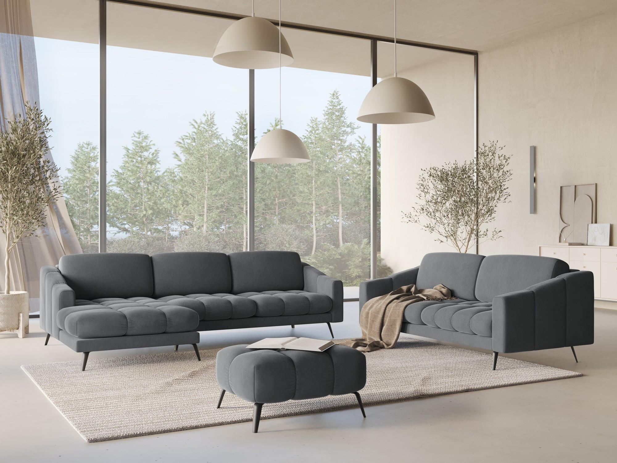 ECKSOFA Links Samt Stoff Grau - Dunkelgrau/Schwarz, Textil/Metall (160/264cm) - Makamii