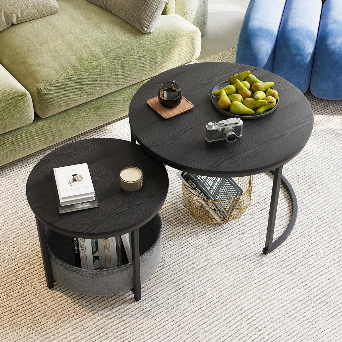 COUCHTISCH-SET DE-37291 2er-Set rund mit Aufbewahrungstasche Schwarz - Schwarz, Metall (70/70/49cm) - ComfortXL