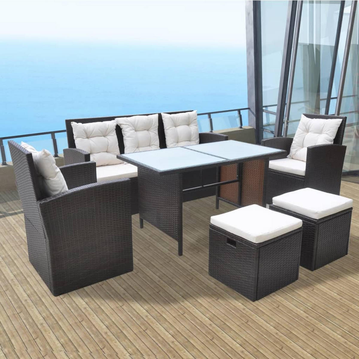 GARTEN-ESSGRUPPE 6-TLG MIT AUFLAGEN POLY RATTAN BRAUN - Creme/Braun, Naturmaterialien/Textil - vidaXL