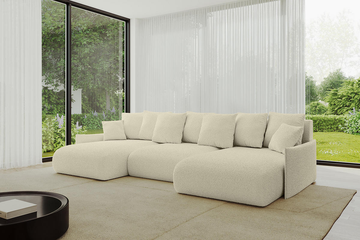 WOHNLANDSCHAFT mit Schlaffunktion und Bettkasten ONESK-U-v1 304x165x40 Beige Bouclé - Beige, Holzwerkstoff/Kunststoff (304/90/165cm) - ALTDECOR