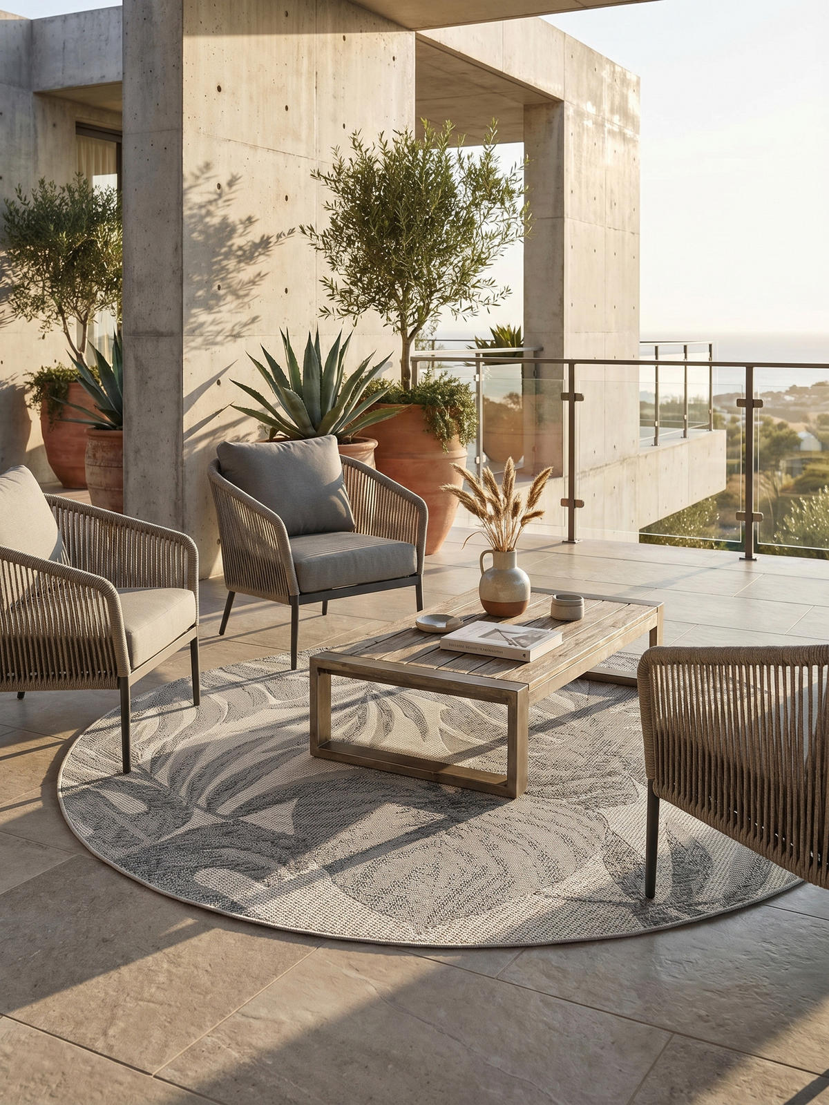TEPPICH Outdoor VENTOUX in Grau, mit Tropen-Motiv, Ø 80 cm - Grau, Textil (80/80cm) - KADIMA DESIGN