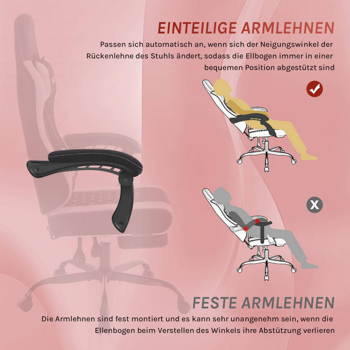 GAMINGSTUHL mit Massagefunktion, Netzstoff, Schwarz+Rosa - Schwarz/Rosa, Textil/Metall (70/127/70cm) - Woltu