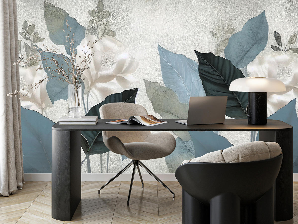 FOTOTAPETA Pre Obývaciu Izbu Modré Listy Betón Vintage Minimalistická 400 x 280 cm - sivá, papier (400/280cm) - Muralo