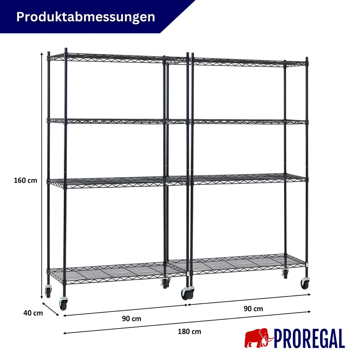 GITTERREGAL 2er - Set HADES mit Rollen & 4 Gitterböden Metall 160x90x40cm Schwarz - Schwarz, Metall (90/160/40cm) - PROREGAL