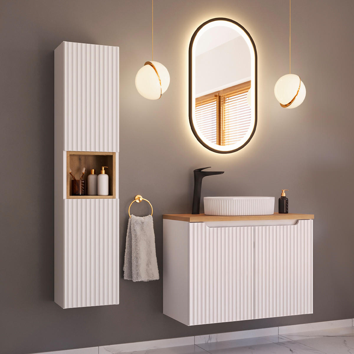 KÚPEĽŇOVÝ NÁBYTOK 80cm Riva 2-dielna súprava Biela a drevo - biela, kompozitné drevo (80/57/40cm) - Petits-meubles