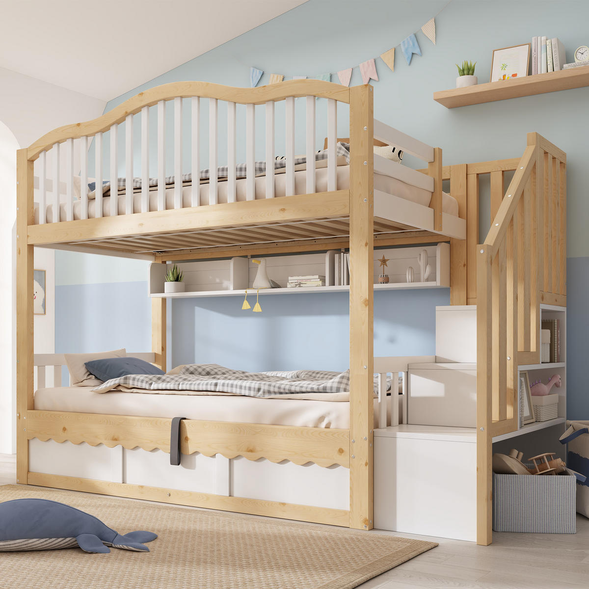 ETAGENBETT 90x200 cm Weiß Eiche mit Stauraum - Eichefarben/Weiß, Holz (90/200cm) - FLIEKS