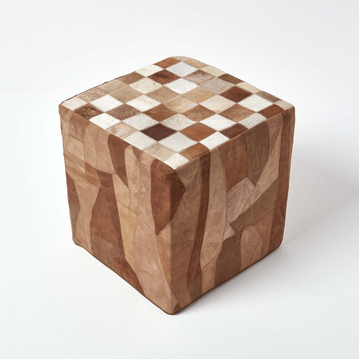 PATCHWORK-HOCKER Leder braun, Sitzwürfel 36/36/38 cm - Braun, Leder (36/38/36cm) - Homescapes