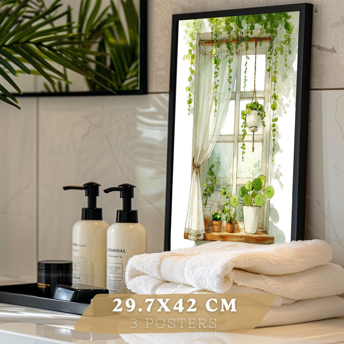 POSTER 3er-Set dekorative Badezimmerbilder im Naturstil mit grünen Pflanzen, Dusche und Ablage, minimalistisches, Wohndekoration Schwarzer Rahmen A3 - Schwarz, Papier (42/29.7/3cm) - Nacnic
