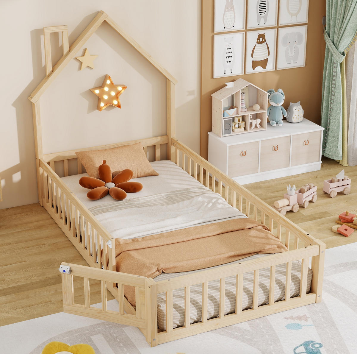 HAUSBETT 90/200 cm aus Kiefernholz mit Sicherheitsgitter und Schornsteinform - Naturfarben, Holzwerkstoff (90/200cm) - Flora Grace