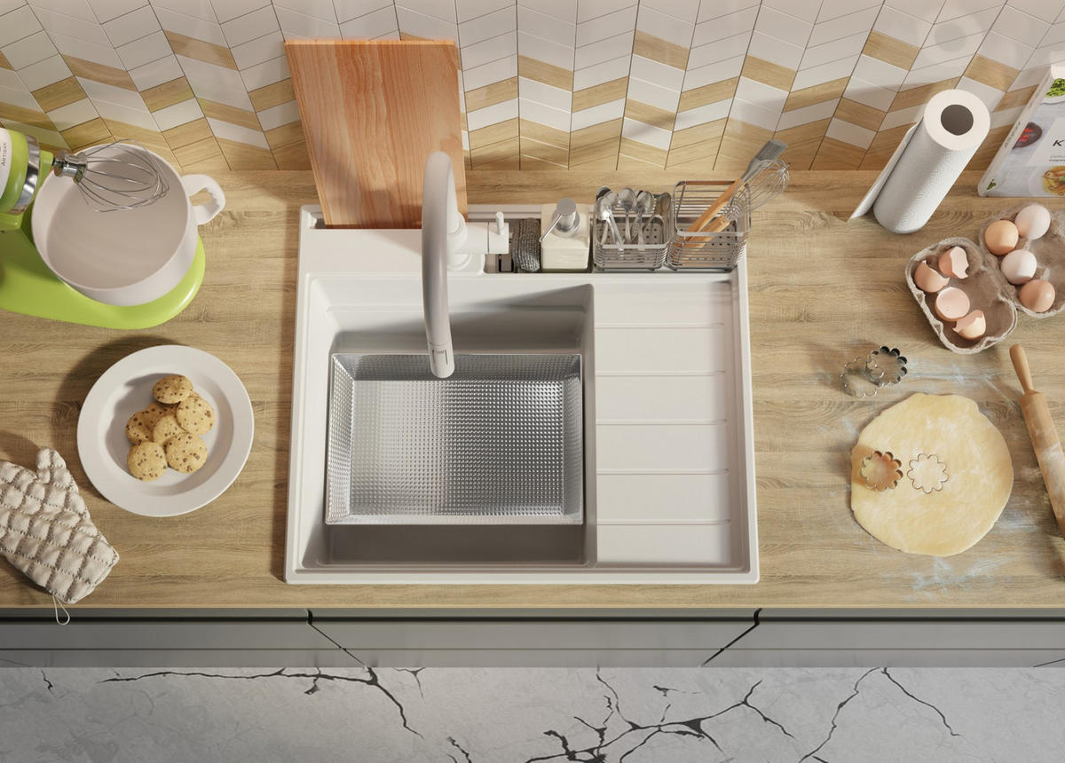 SPÜLBECKEN Sydney Pocket, 2-er set Weiß 62/53 cm 1 Becken + Ablauf-Set + Küchenzubehörset ab 45er Unterschrank - Chromfarben/Beige, Kunststoff (62/20/53cm) - Primagran