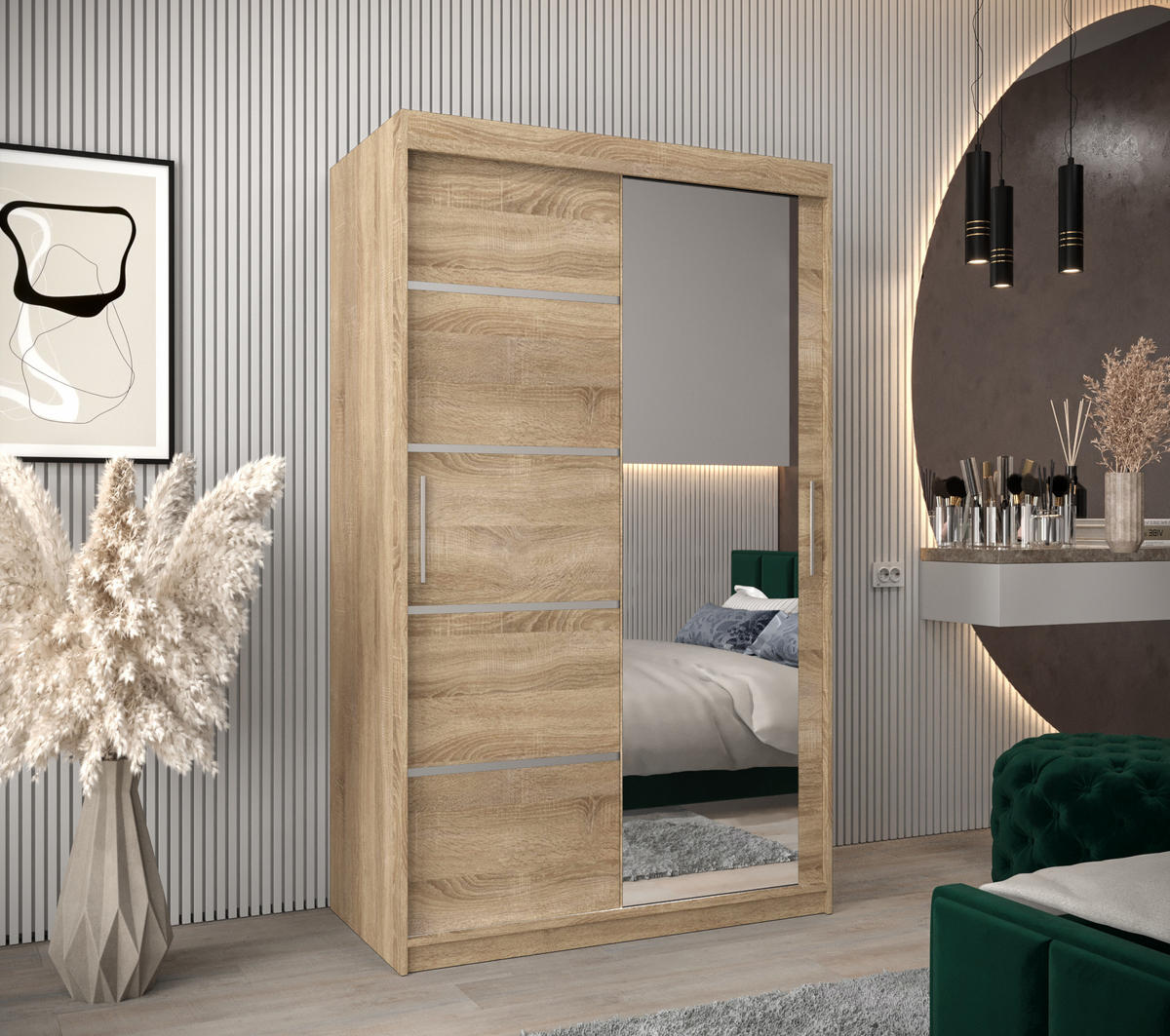 SCHWEBETÜRENSCHRANK 200/120/62 2-türig - Silberfarben/Sonoma Eiche, Holz/Kunststoff (120/200/62cm) - Abiks Möbel