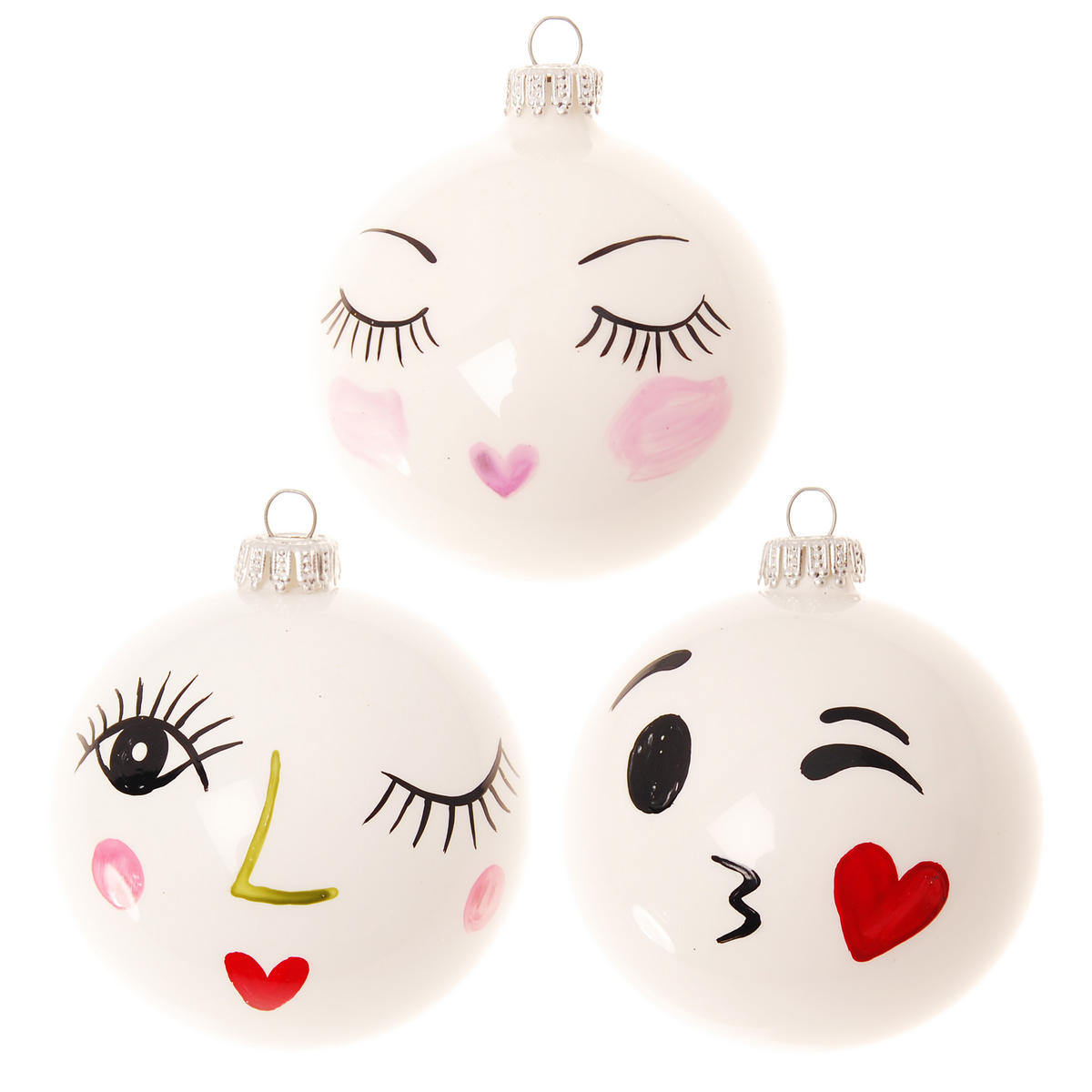 CHRISTBAUMKUGELN Gesichtsfasching Weiß 8cm (Glas / 3 Stk.) - Weiß, Glas (7/8/7cm) - Krebs Glas Lauscha