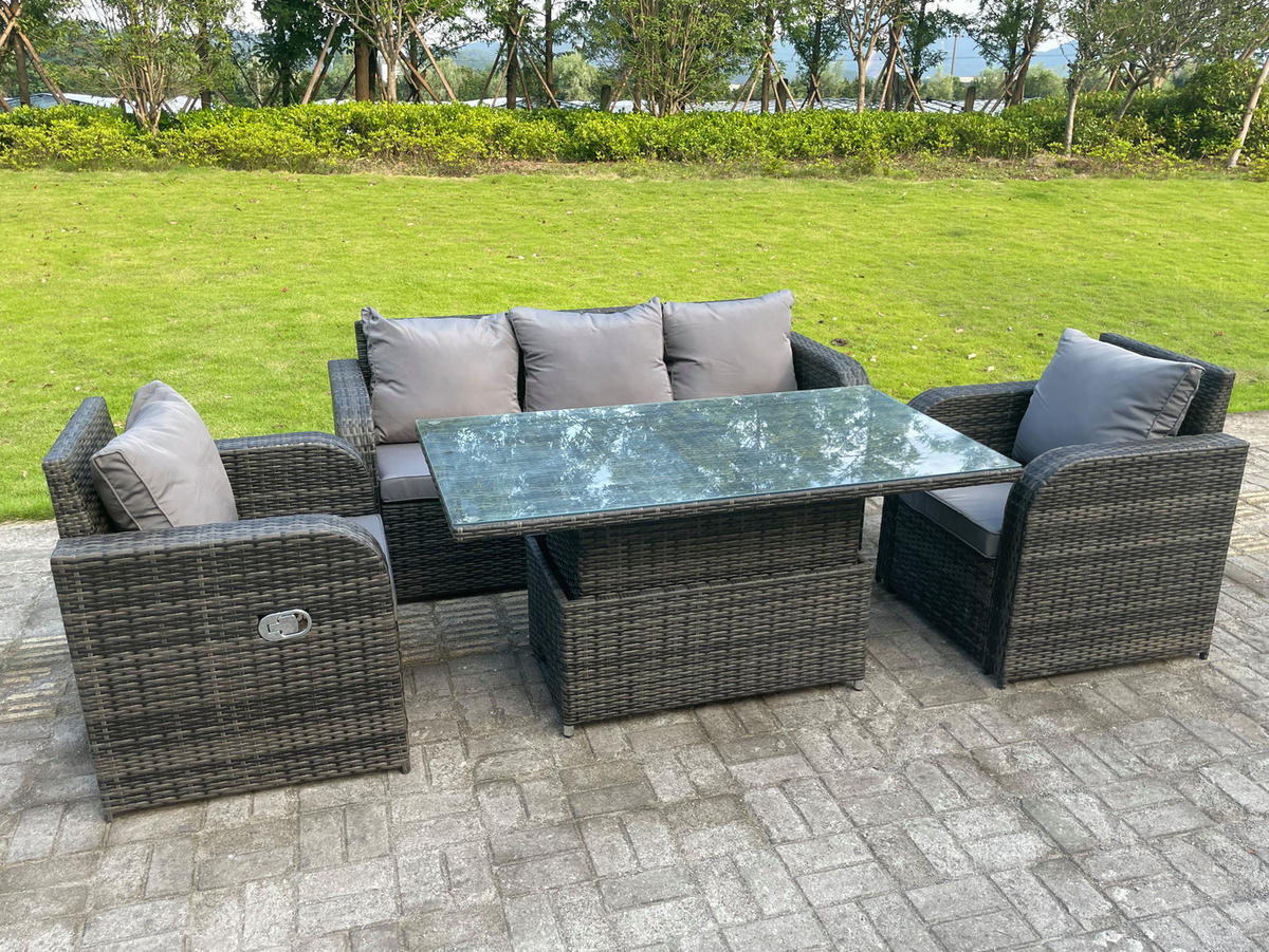 GARTENMÖBELSET Polyrattan 5-Sitzer - Dunkelgrau/Grau, Glas/Kunststoff - Fimous