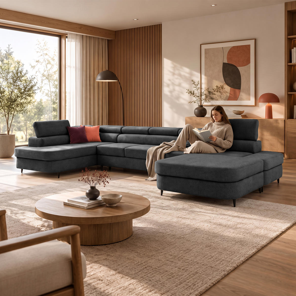 ECKSOFA U-Form PRIAM MAXI U Links mit Schlaffunktion 125x317 Velours Dunkelgrau - Dunkelgrau/Schwarz, Holz/Textil (203/91/400cm) - Muffo