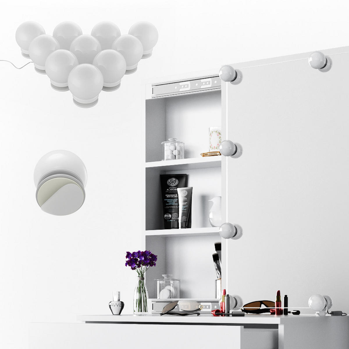 SCHMINKTISCH Melle Weiß 68 cm mit LED Beleuchtung - Weiß, Holzwerkstoff (68/155/42cm) - Vicco