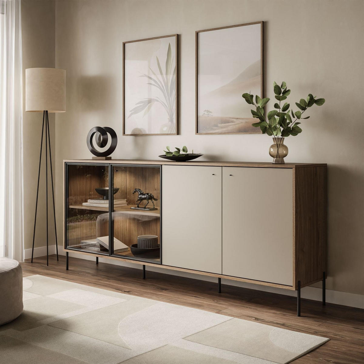 KOMMODE ISA 4D, viertürig mit LED-Beleuchtung auf hohen Beinen. - Eichefarben, Holzwerkstoff (200/85/40cm) - Lookway