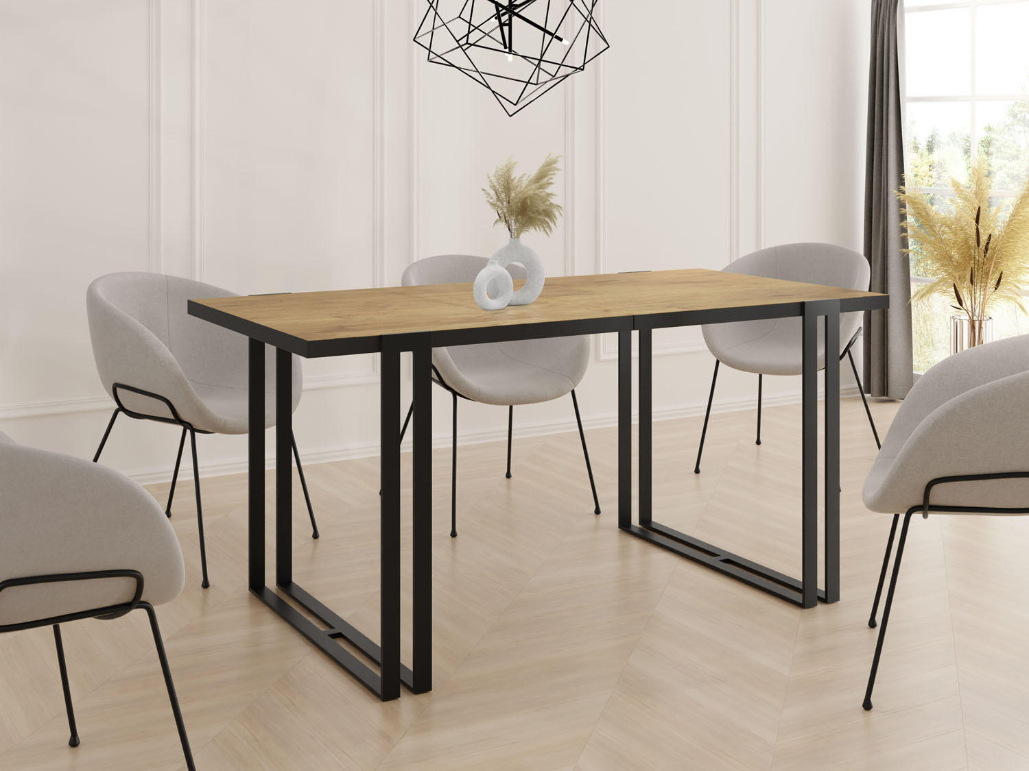 ESSTISCH Marina rechteckig ausziehbar, Lancelot Eiche 120-220/80/76 cm - Eichefarben/Schwarz, Holzwerkstoff/Metall (120/80/76cm) - WFL GROUP