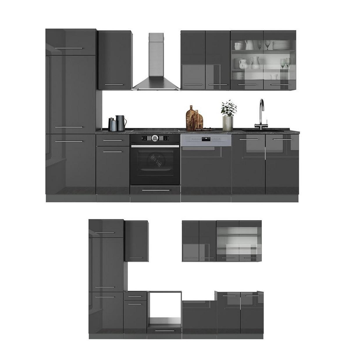 KUCHYNKA Fame-Line Antracit vysoký lesk 300 cm , AP Oak - antracitová/čierna s vysokým leskom, kompozitné drevo (300/206.8/60cm) - Vicco