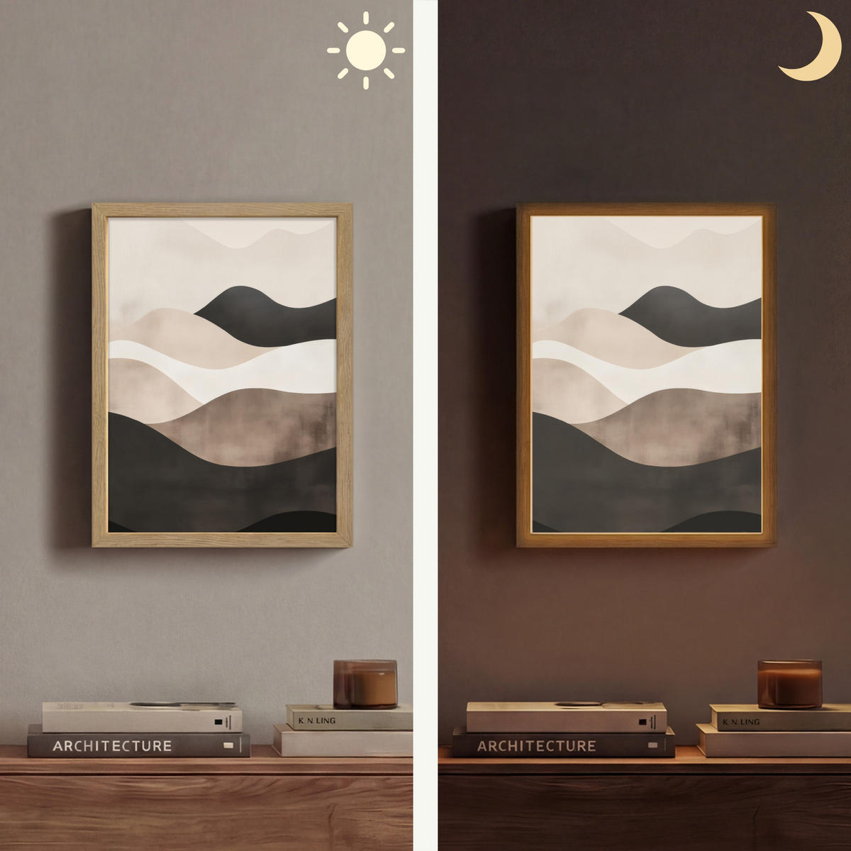 NÁSTĚNNÁ LAMPA S AKUMULÁTOREM Abstraktní - Krajina - Vlny - Krémová barva 30x40 cm - šedohnědá, kompozitní dřevo (30/40/8cm) - OnlyWow