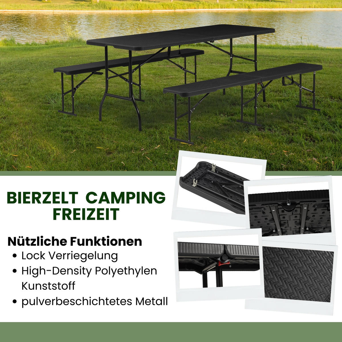 BIERZELTGARNITUR Rattan 2 Bänke, 1 Tisch - Schwarz, Metall (182/182/75cm) - Albatros