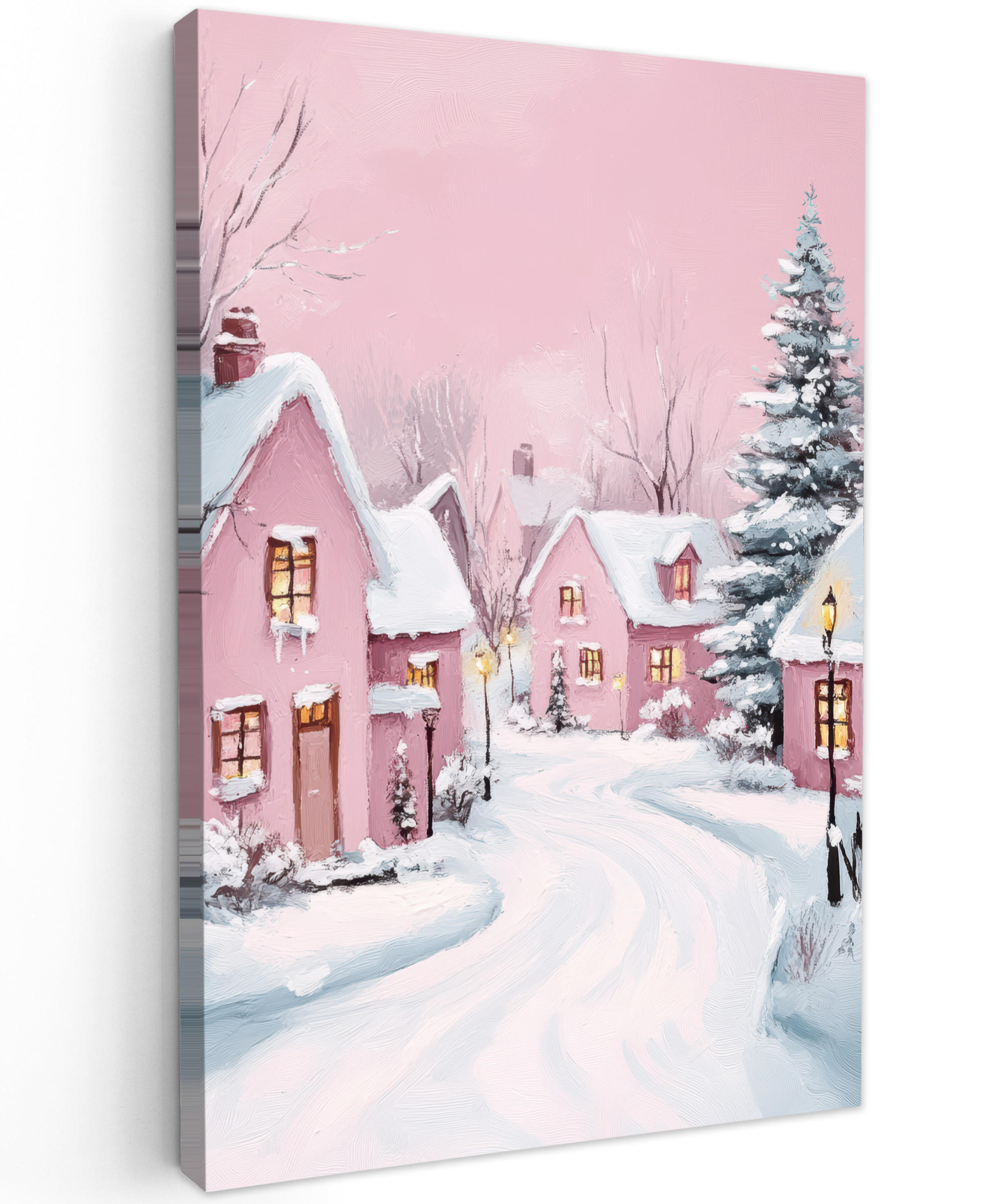 MuchoWow OBRAZ NA PLÁTNĚ Vánoční vesnice - Růžová - Zima - Sníh - Domy 20x30 cm