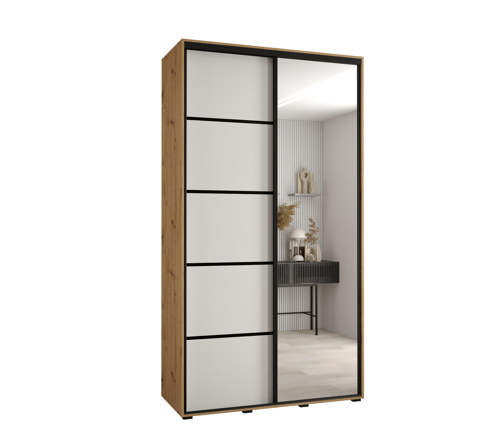Abiks Möbel Schwebetürenschrank Eiche Artisan, Weiß, Schwarz 140x235x60 cm