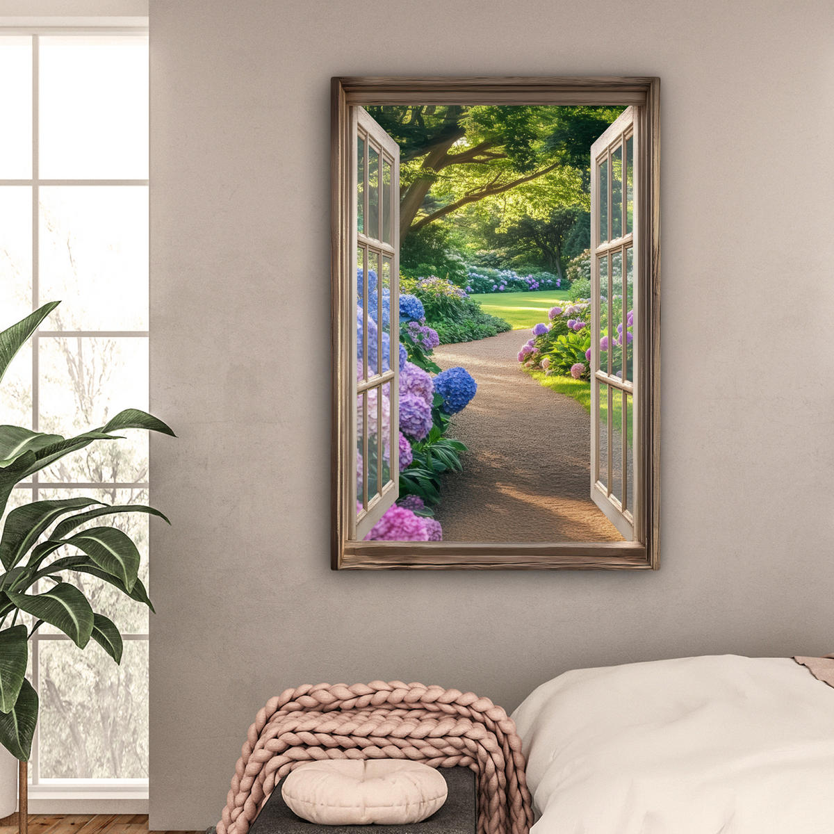 LEINWANDBILD Aussicht - Garten - Fenster - Hortensie - Blumen Deko XXL 80x120 cm - Pastellblau, Textil (80/120cm) - MuchoWow