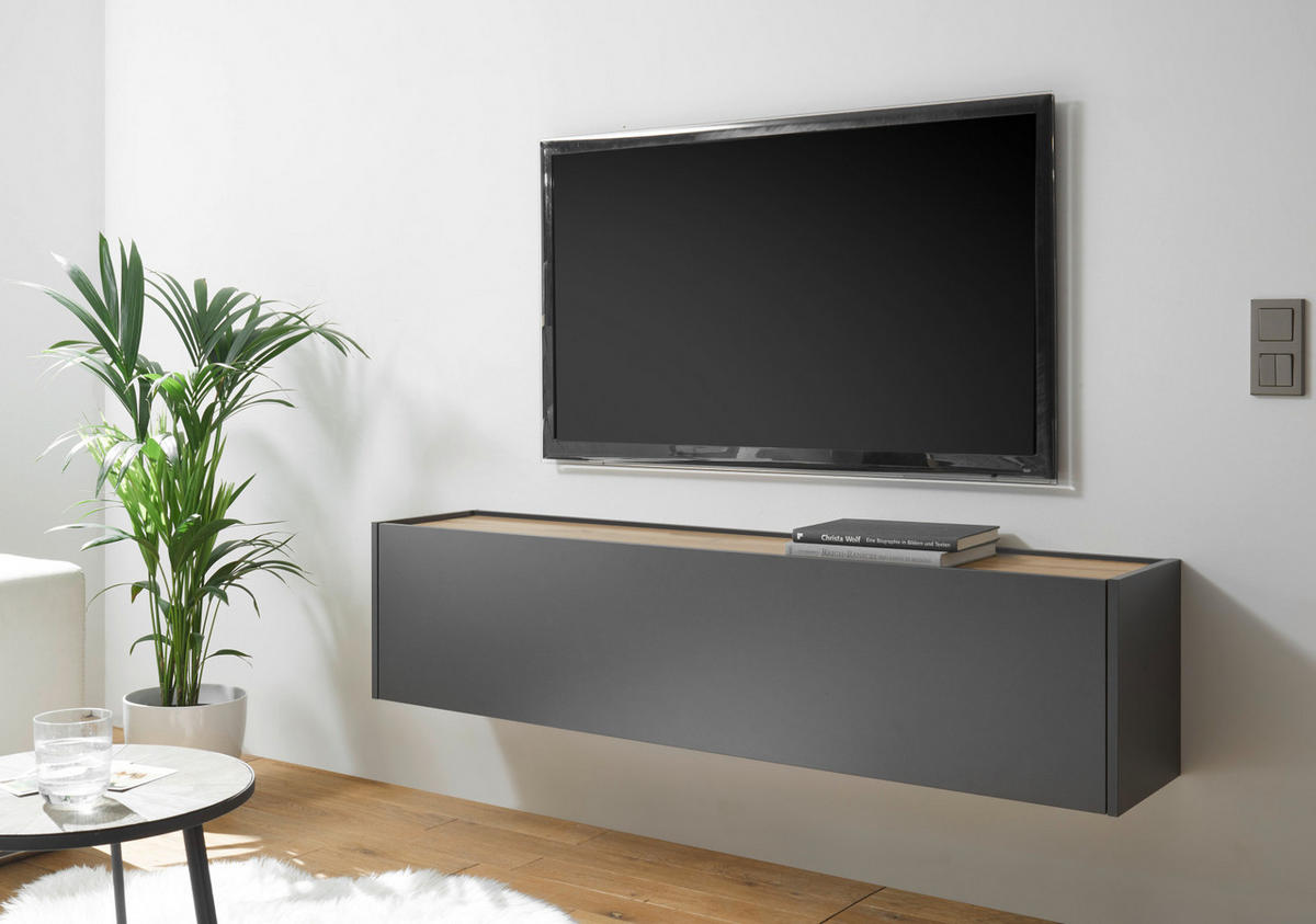 TV-LOWBOARD hängend grau matt, Eiche Wotan 150 cm, TV-Unterteil Hängeschrank - Eiche Wotan/Grau, Holzwerkstoff/Metall (150/35/30cm) - Furn.Design