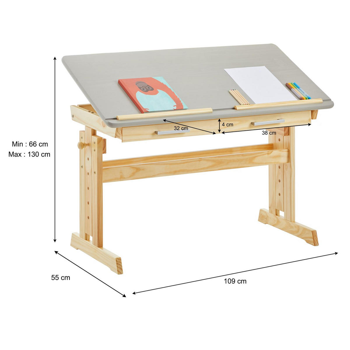 KINDERSCHREIBTISCH OLIVIA natur/grau - Naturfarben/Grau, Holz (109/130/55cm) - IDIMEX