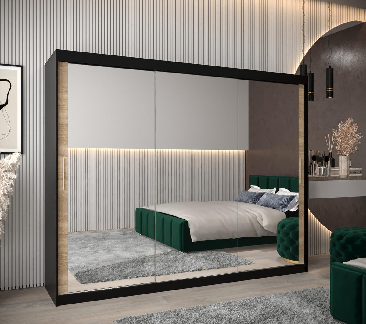 SCHWEBETÜRENSCHRANK 200/250/62 2-türig - Silberfarben/Schwarz, Holz/Kunststoff (250/200/62cm) - Abiks Möbel