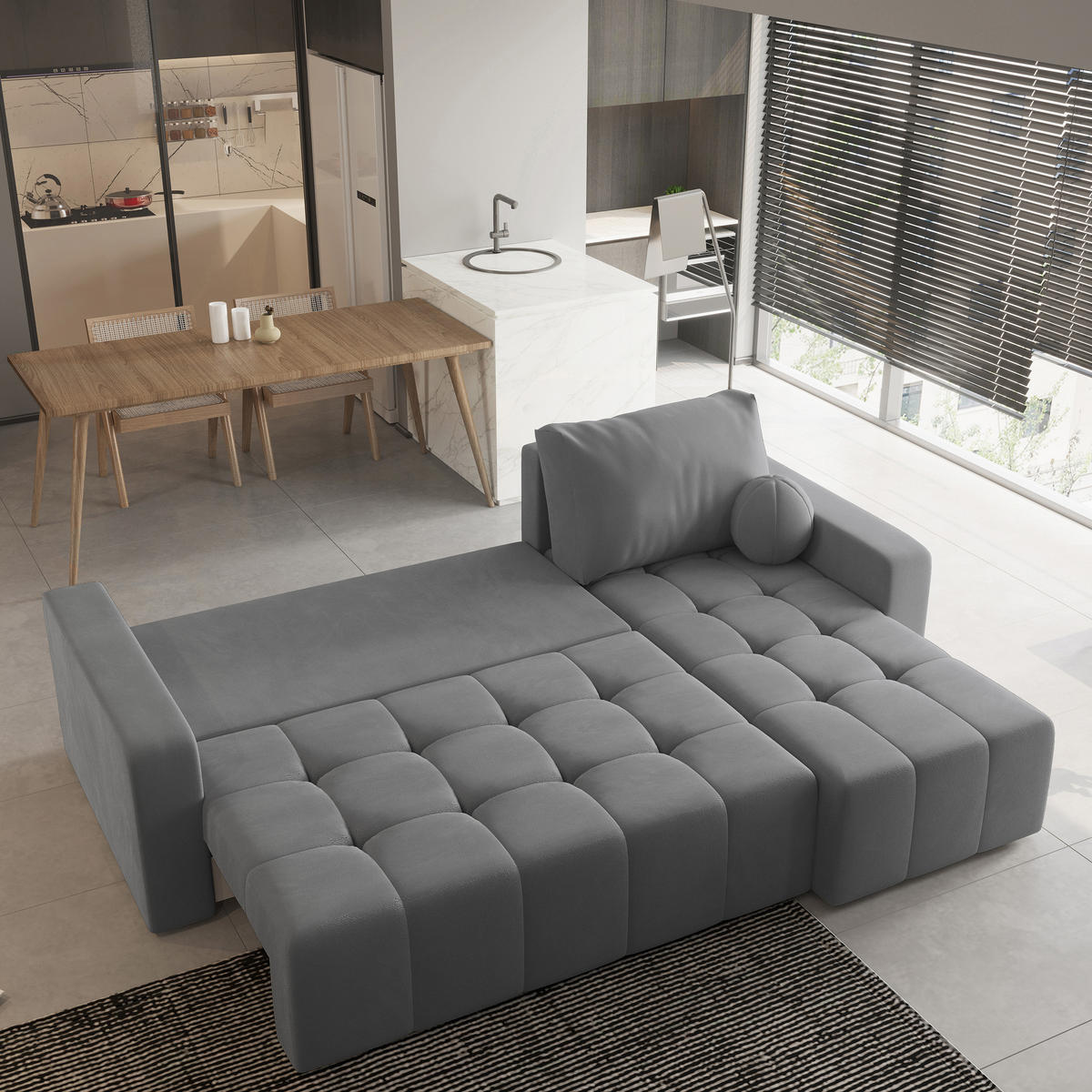 ECKSOFA VOLIRA Grau Plüsch-Stoff mit Schlaffunktion - Grau, Holz (230/143cm) - MASSENO