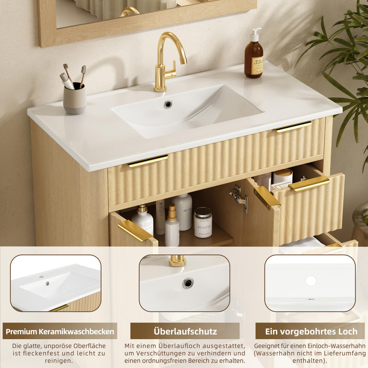 BADEZIMMERSCHRANK Wellenoptik Holzton 3 Schubladen 81cm - Naturfarben, Keramik (81/90/47cm) - FLIEKS