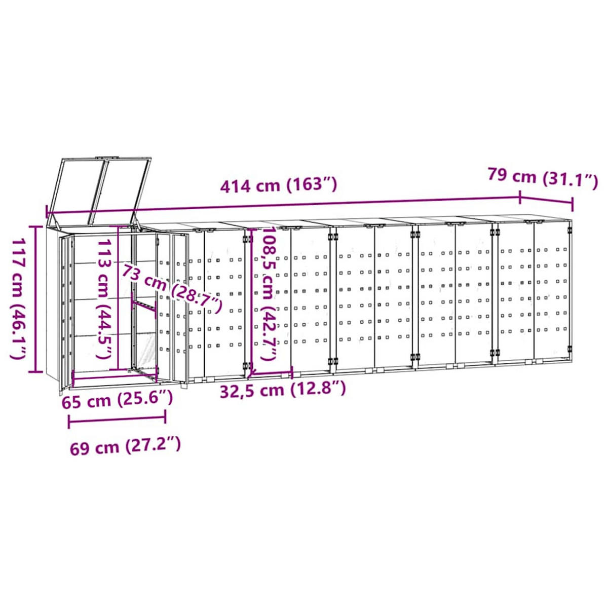 MÜLLTONNENBOX Gorilo für 6 Tonnen Grau 414x79x117 cm - Grau, Metall (414/117/79cm) - DELUKE