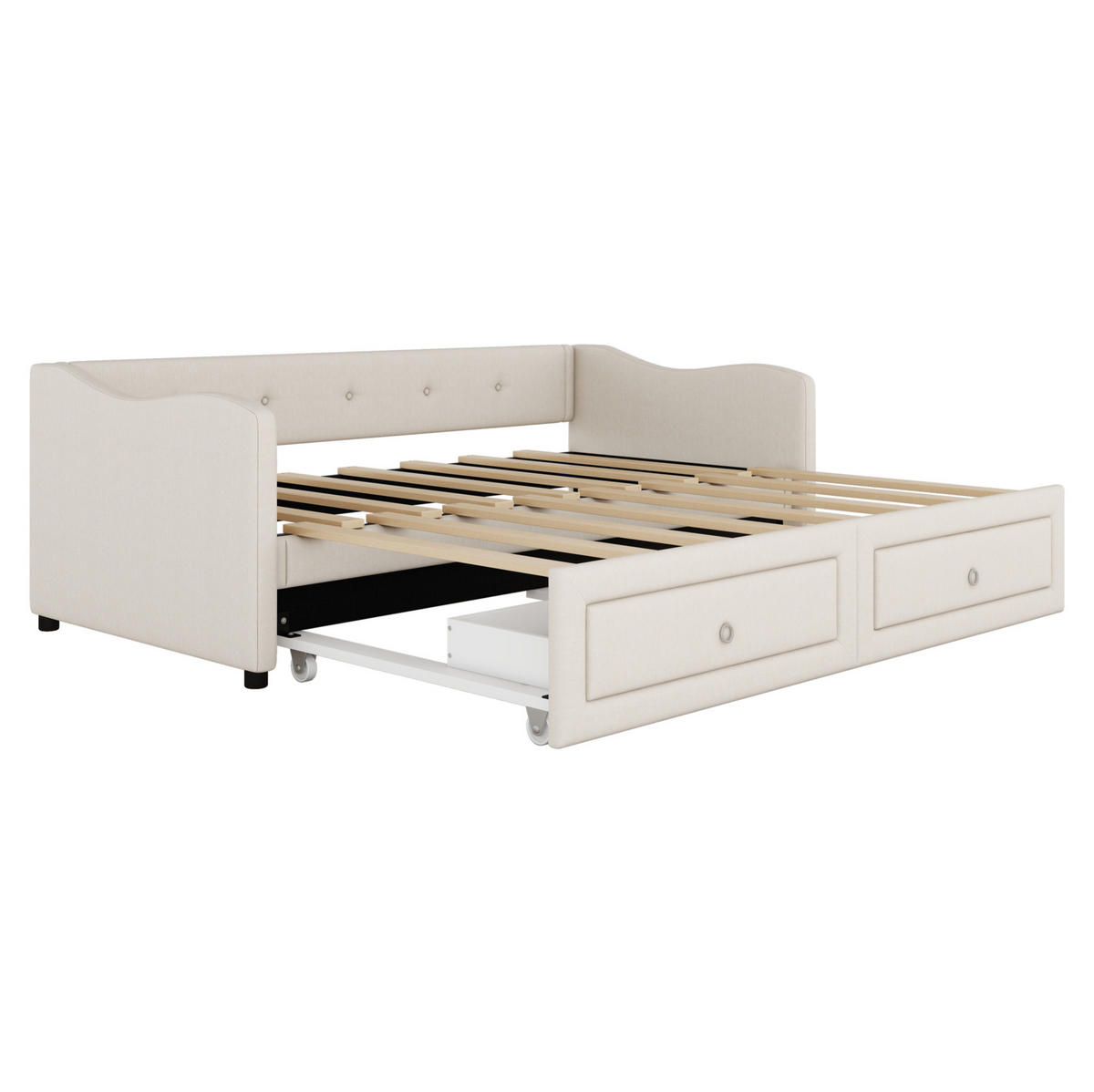 POLSTERBETT aus Leinen 90x200 cm in Beige mit Ausziehbett & 2 Schubladen - Beige, Textil (90/200cm) - Modfu