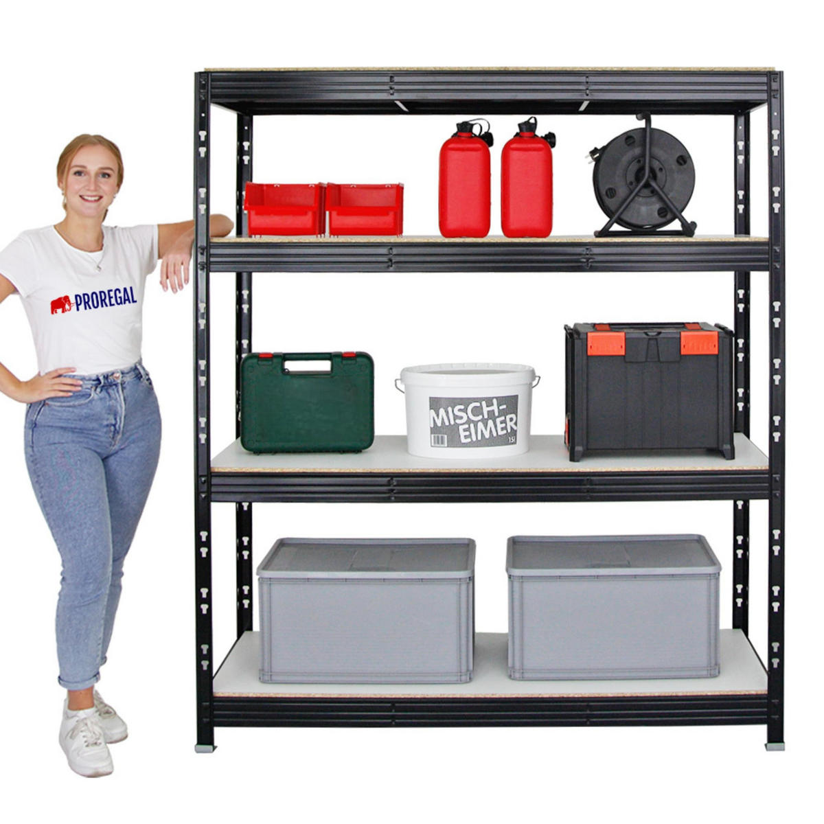 SCHWERLASTREGAL Rhino 2er-Set mit 2x 180x160x60 cm 4 Melamin-Ebenen 16mm Fachlast 500 kg Schwarz - Schwarz, Metall (320/180/60cm) - PROREGAL