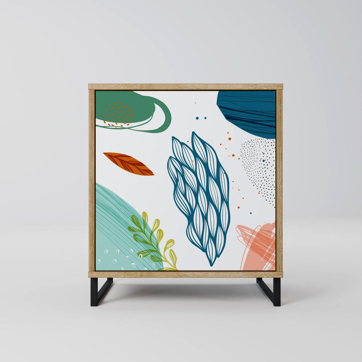 SIDEBOARD BOTANICAL HURRICANE, Eichefarben, 57,5x42x70,5 cm, Schwarze Metall-Sternfüße - Eichefarben/Multicolor, Holzwerkstoff/Metall (57.5/70.5/42cm) - SpaceRebels