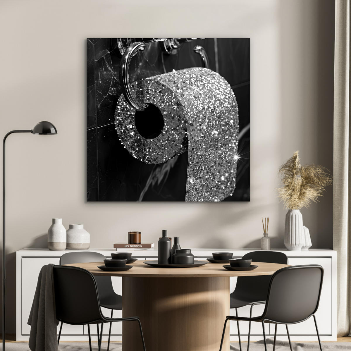 KOVOVÝ OBRAZ WC - toaletný papier - čiernobiely - trblietky 90x90 cm - strieborná, kov (90/90cm) - MuchoWow