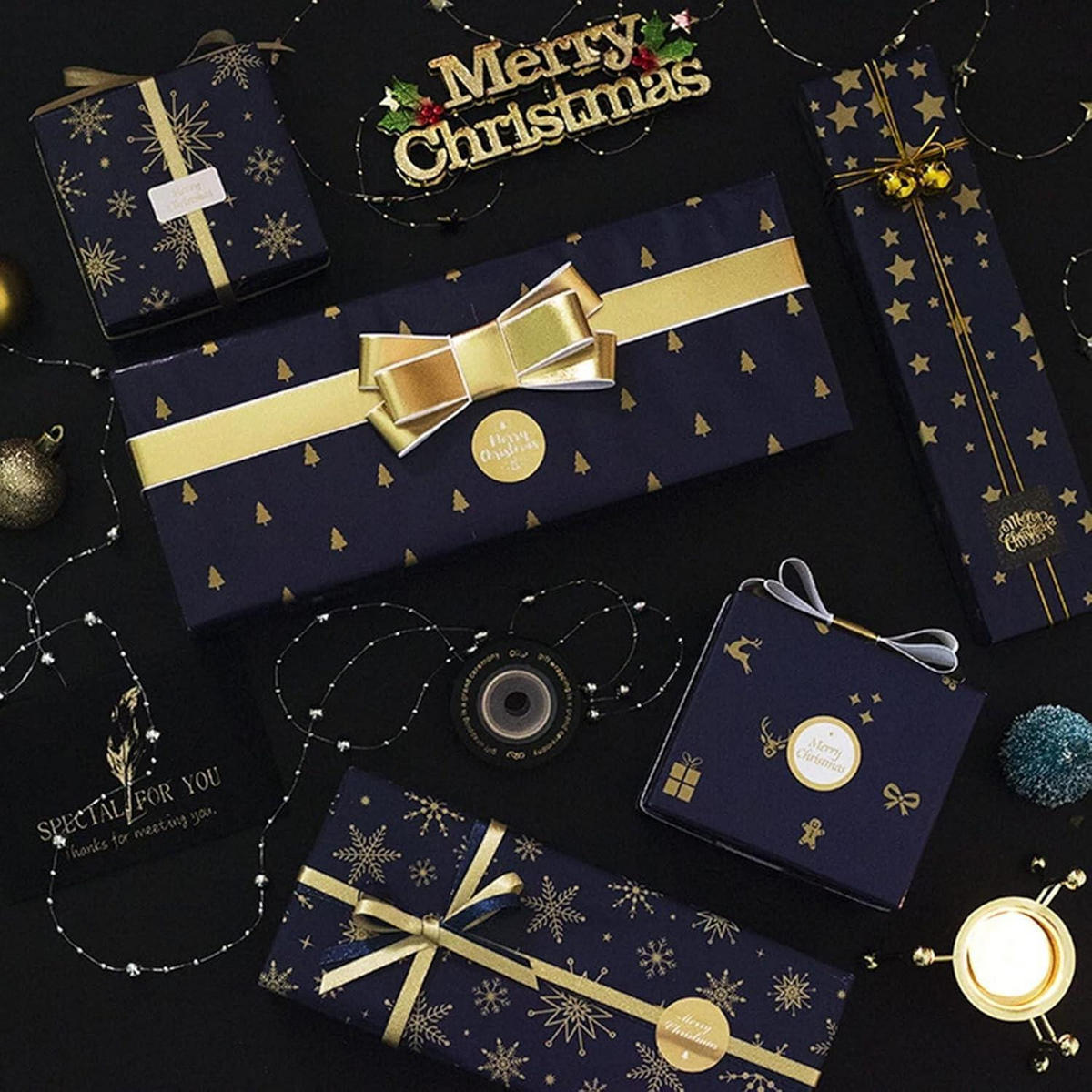 GESCHENKPAPIER Set 8 Rollen 43 x 100 cm Dunkelblau Weihnachtsmotive - Dunkelblau, Papier (43/1.5/100cm)